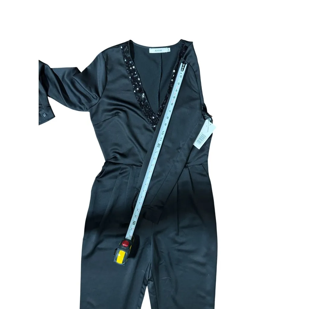 NEW Justfab Womens Size M Black Sequin Trim Dress Jumpsuit Long Sleeve Comfort - Image 14