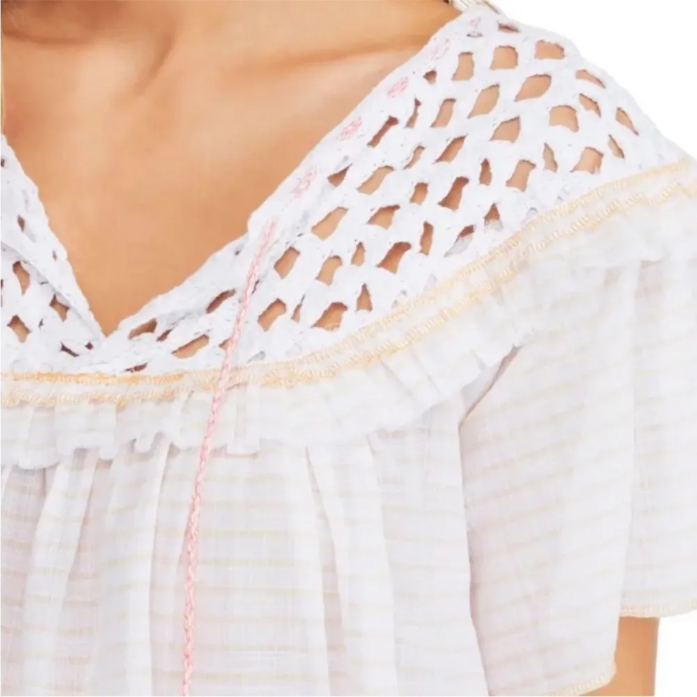 Free People Allora Cotton Crochet Ruffle Tassel Boho Blouse Top Cropped Peach - Image 9