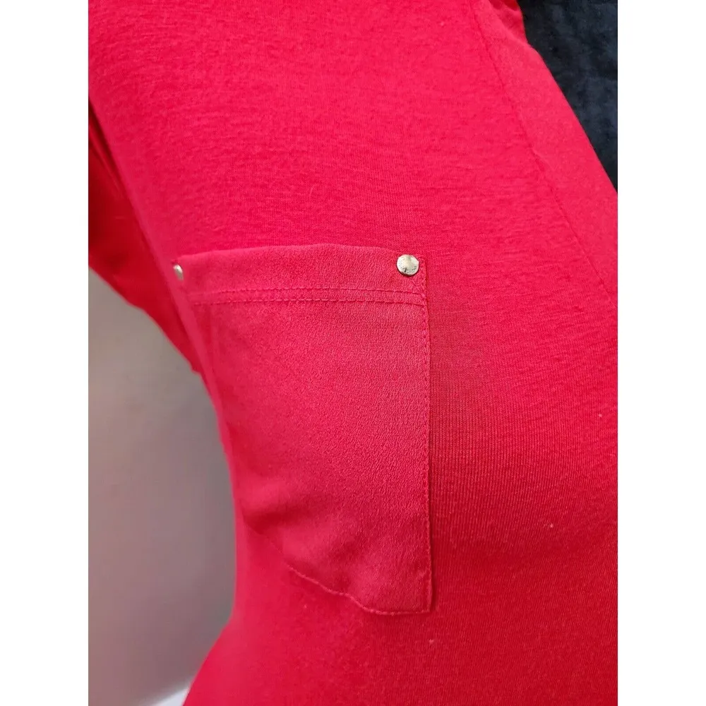 Calvin Klein Women's Red Solid Rayon V-Neck Short Sleeve Top Blouse Size Small - Image 5