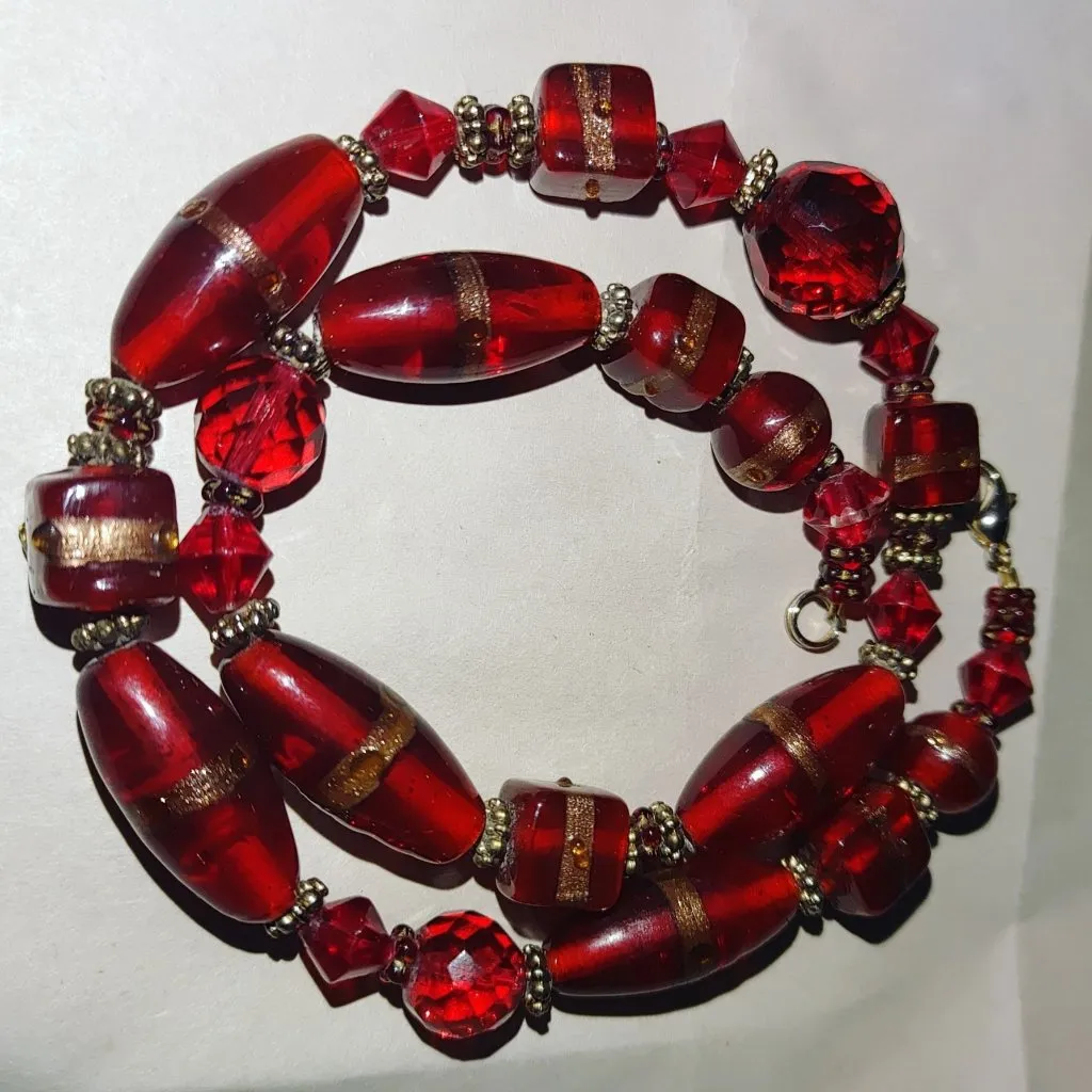 Red Murano Glass Necklace Earrings Vintage Set Gold Accents 17 Inch French Hook - Image 10