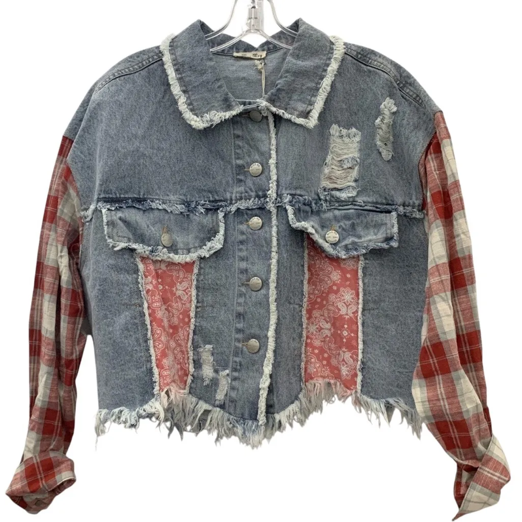 Miss Me  Distressed Plaid Denim American Flag Patchwork Cropped Jacket NWT Size S - Image 4