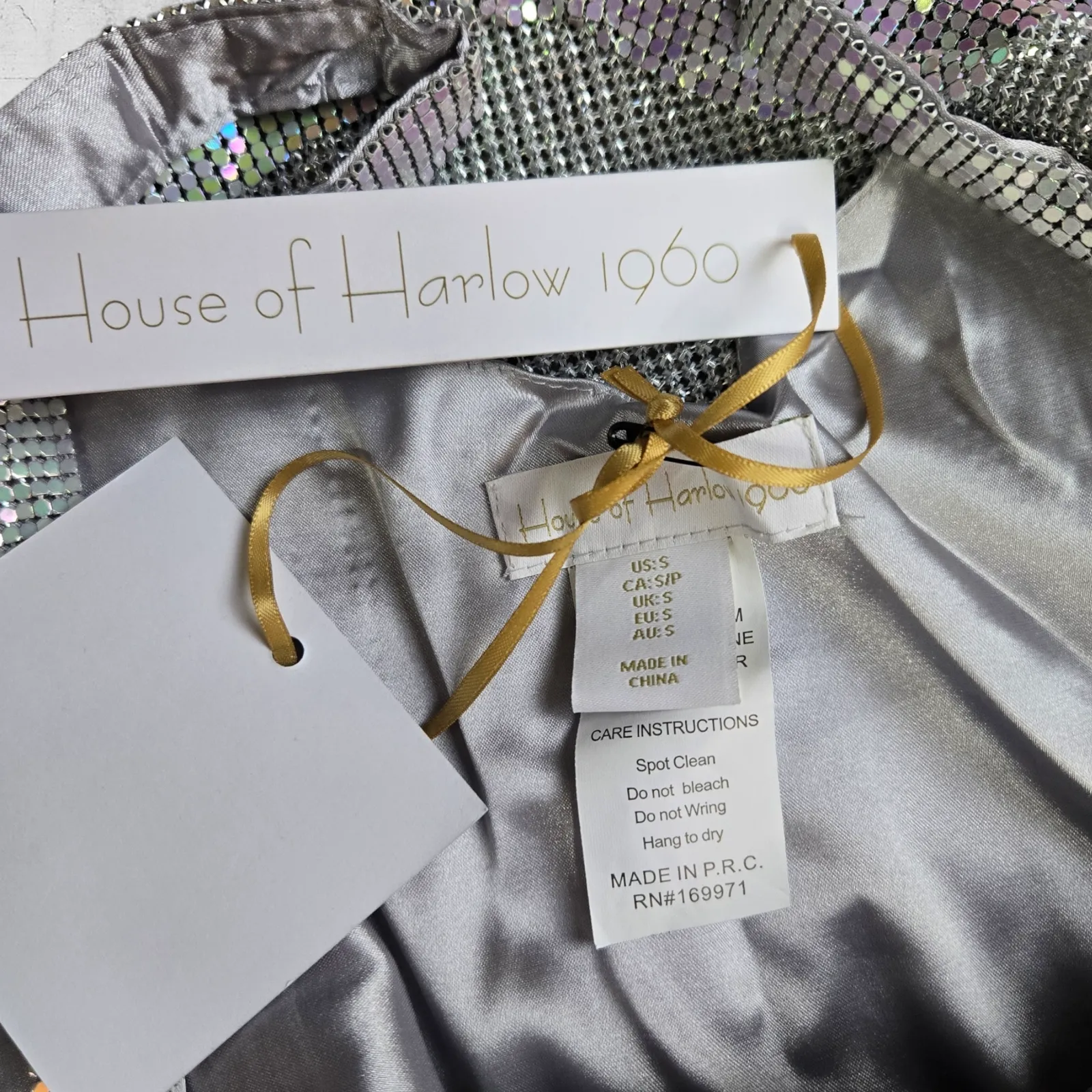 House of Harlow Iridescent Metal Mesh Disco Mini Dress Drape Neck Size Small NWT Silver - Image 6