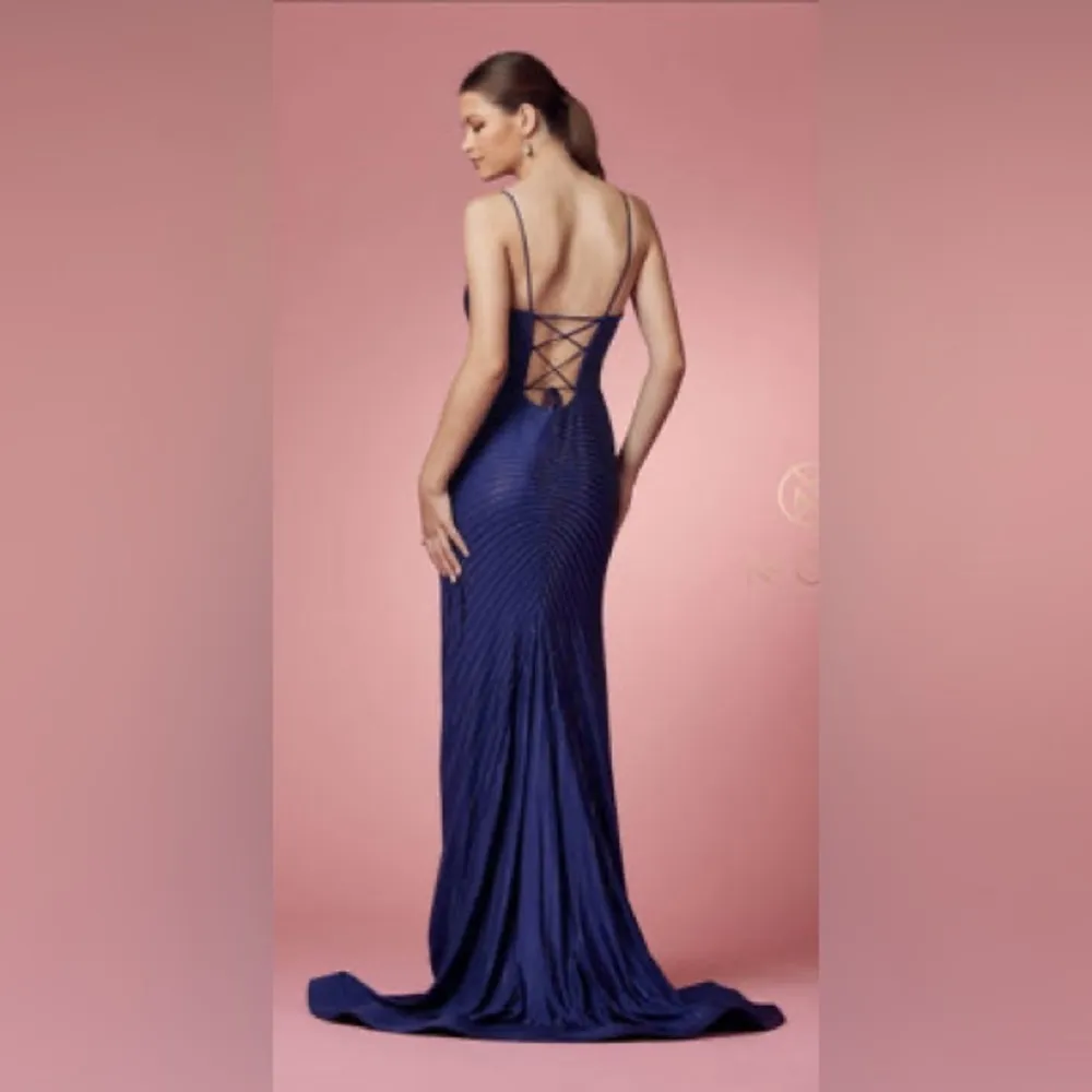 Nox Anabel Rhinestone Embellished Prom Dress With Open Corset Back & Leg Slit Blue Size 12 - Image 3