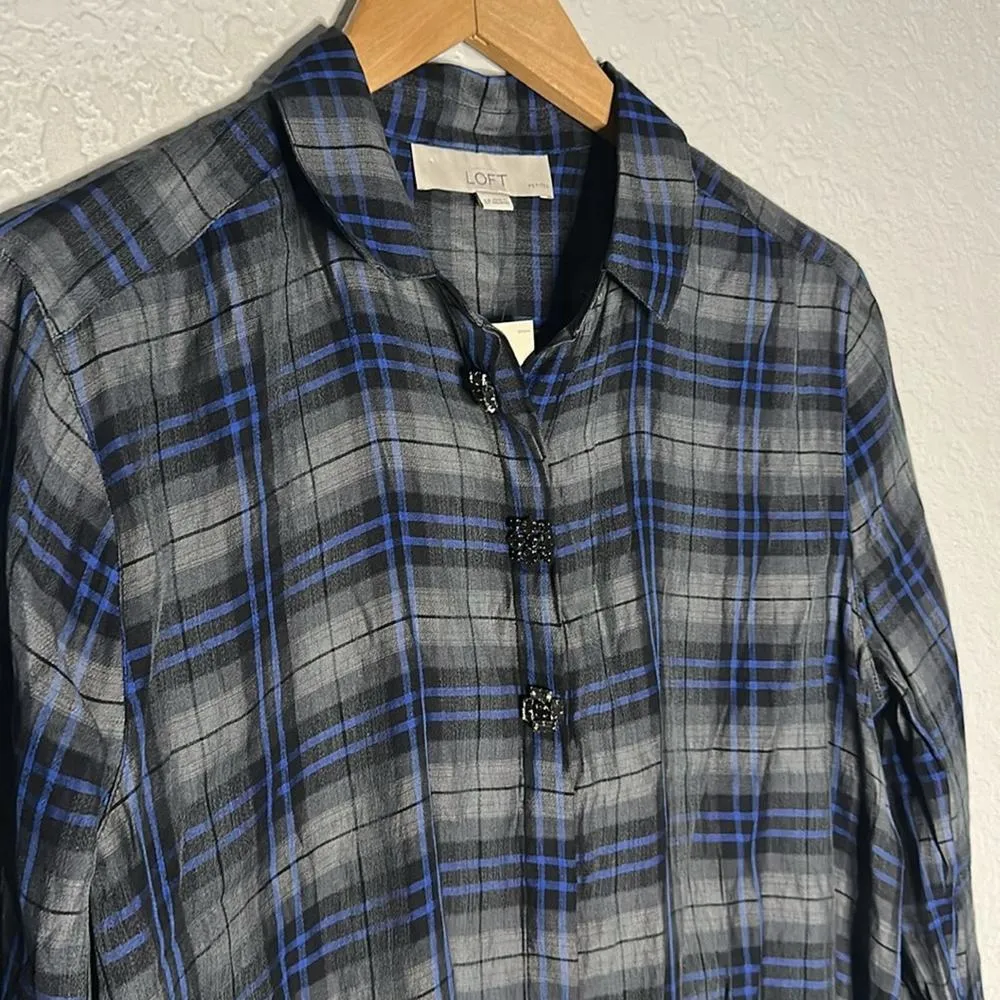 NEW Loft Plaid Button Up Shirt Jewel Buttons Large Petite Grey Blue Preppy Twee - Image 2