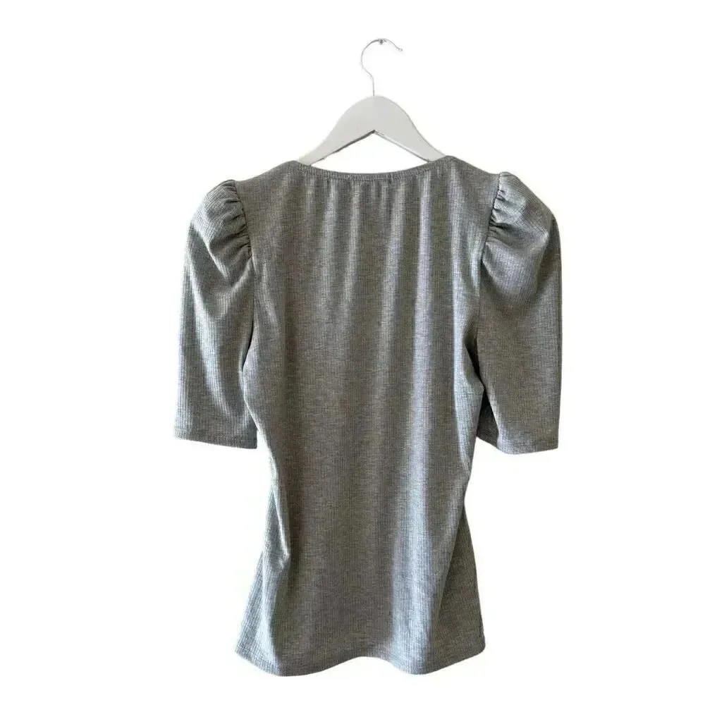 Nine Britton Solid Gray Ribbed Knit Square Neck Puff Sleeve Bohemian M # 1890 - Image 8