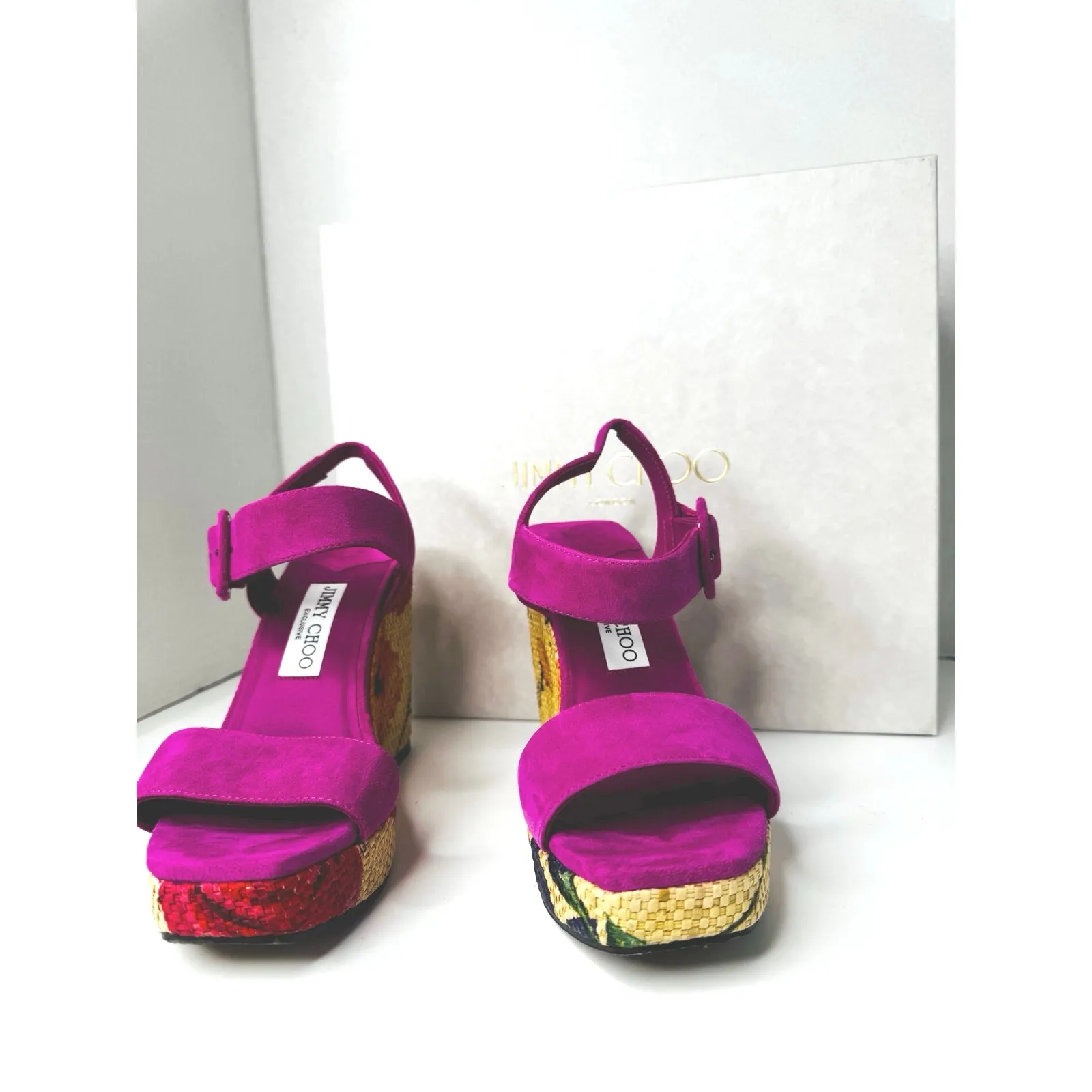 Jimmy Choo Mirabelle Suede Floral Sandals wedge Flower-Trim Slide fuchsia 37.5 - Image 2