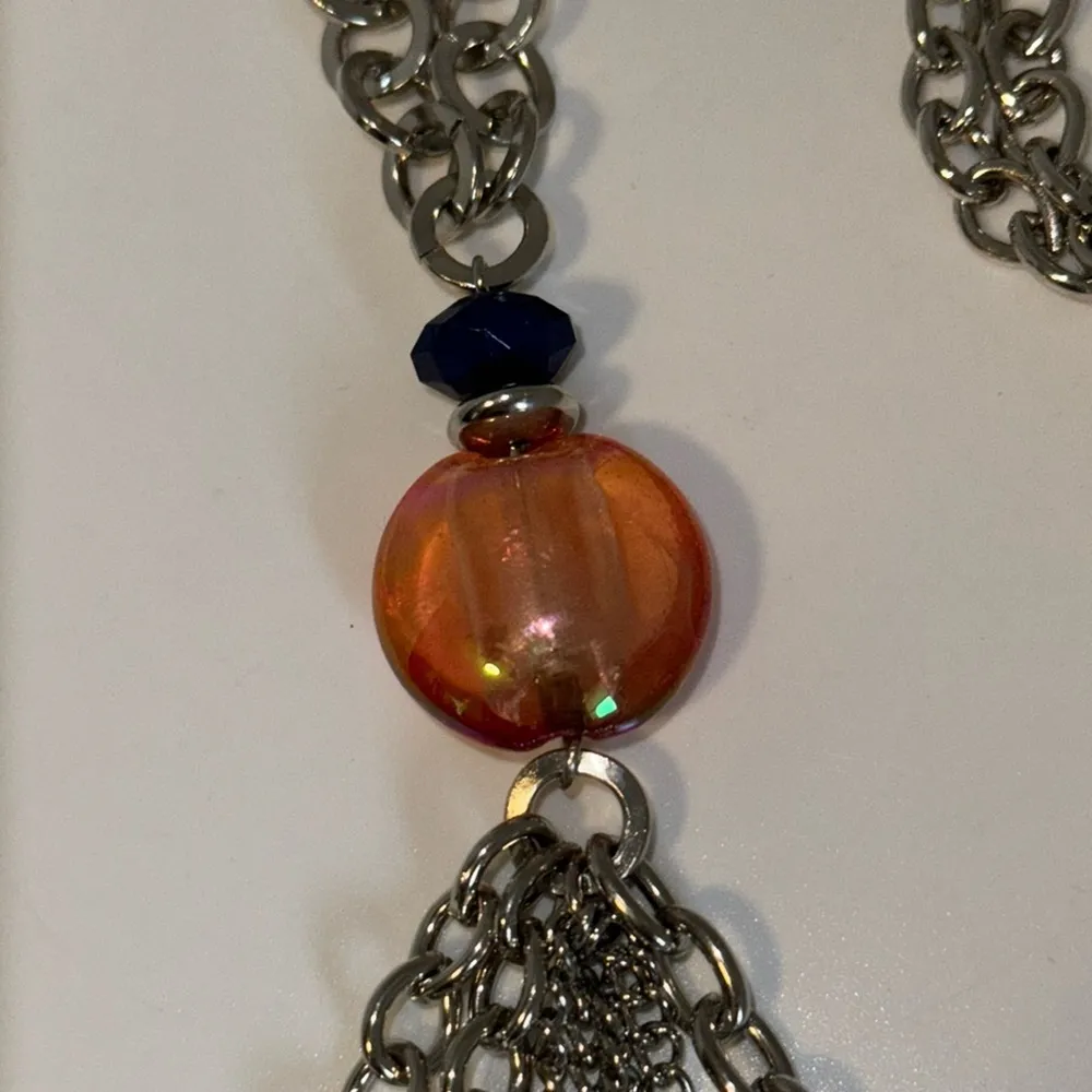 Kim Rogers Long Station Necklace w Tassel Silver Tone Orange & Blue Beads - Image 7