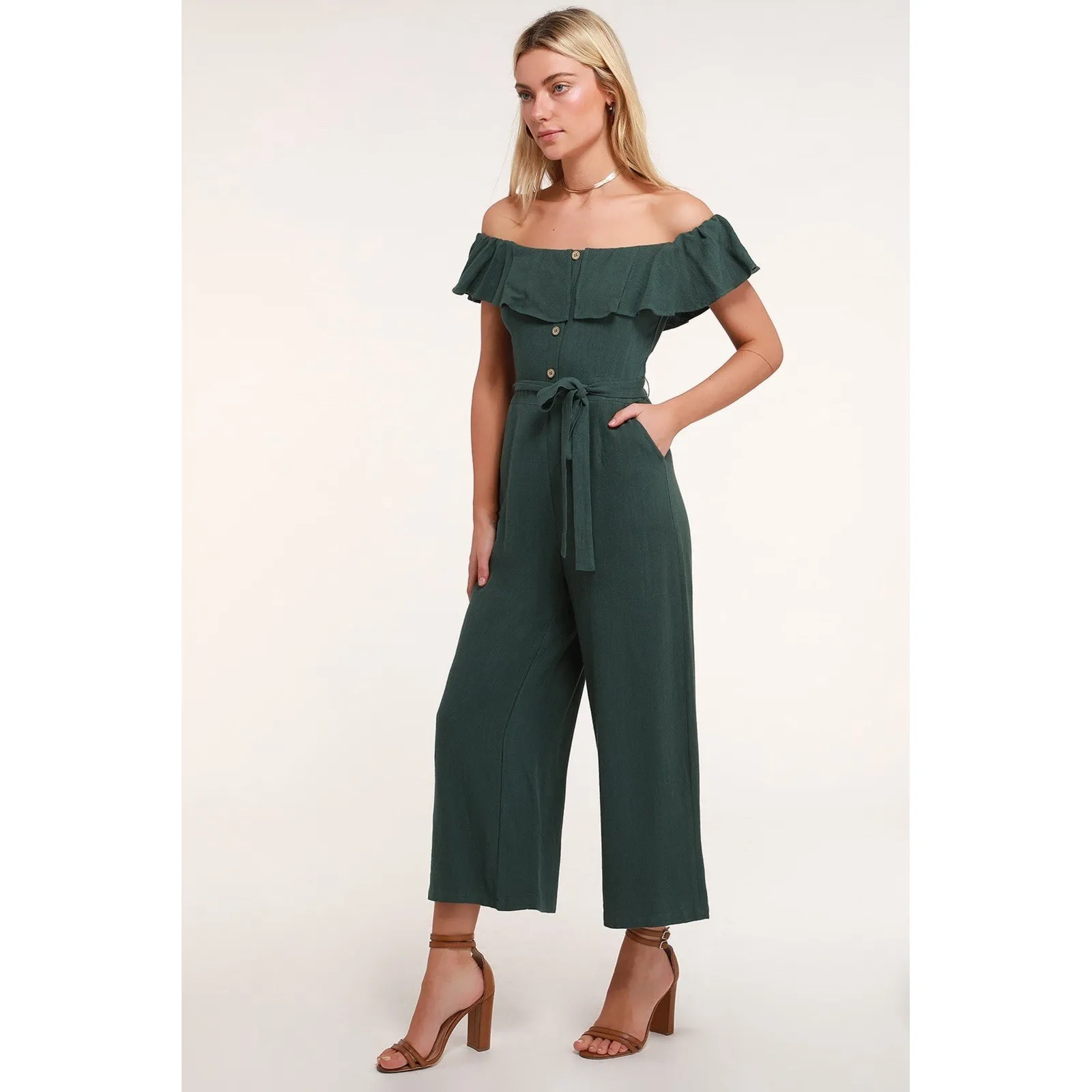Lulu's‎ June Bloom Dk Green Linen Culotte Jumpsuit Size XS Off Shoulder - Image 9