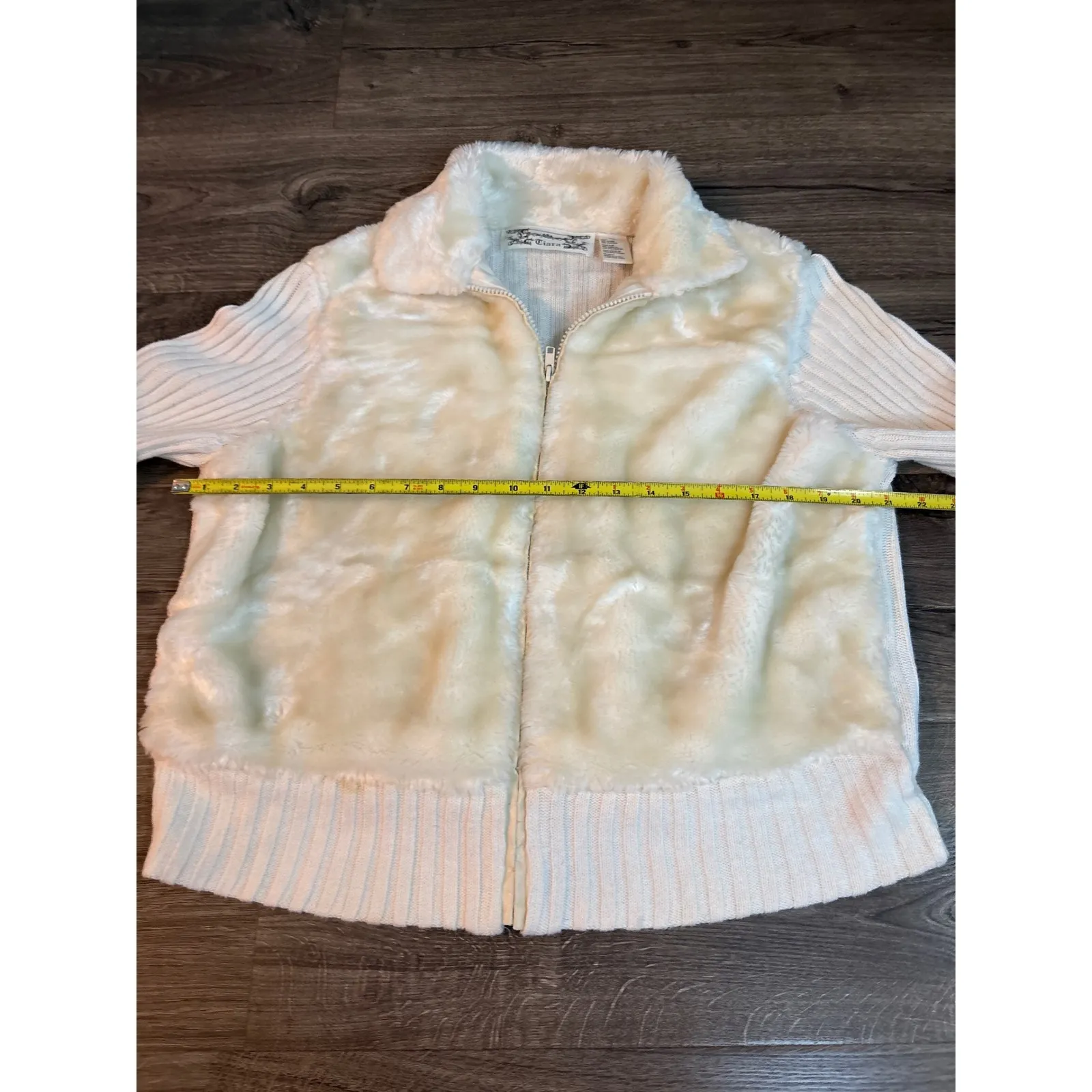 Vintage y2k Tiara Cream Faux Fur Knit Zip Up Jacket Womens XL Ribbed Sleeve White - Image 4