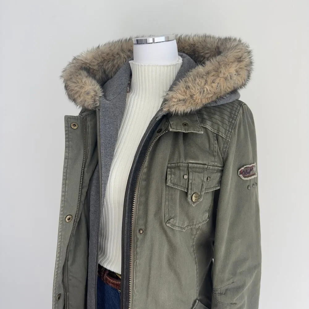 Buffalo Parka Jacket Womens Large Green Y2K Faux Fur Hoodie Military Bella Swan - Image 3