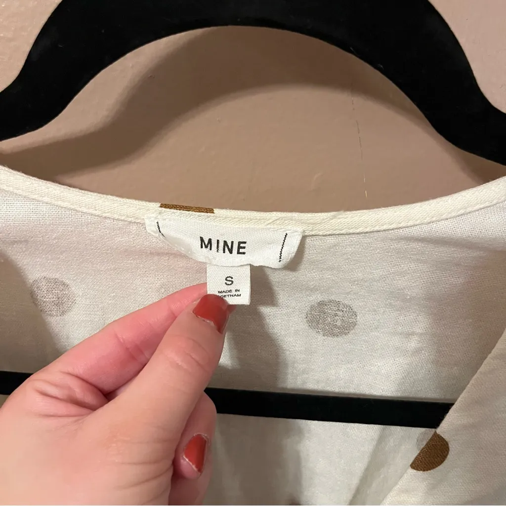 MINE Cream and Brown Polka Dot Linen Mini Puff Sleeve Dress - Image 2