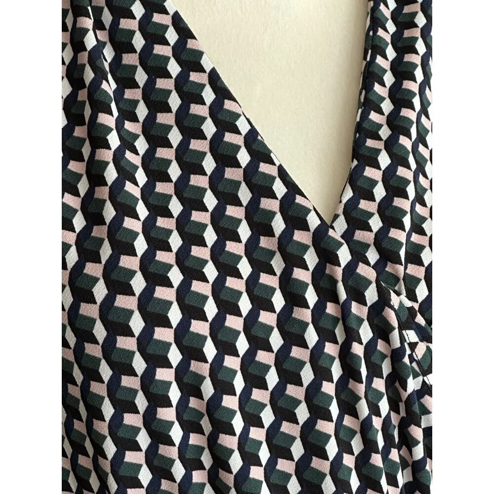 Adrianna Papell Faux Wrap Geometric Print V-Neck Long Sleeve Dress M Office Wear - Image 4