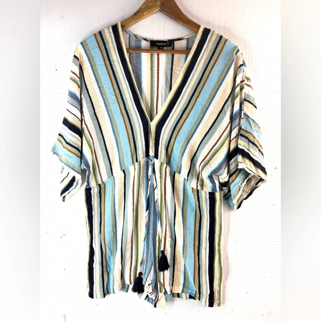 Aakaa M Striped V-Neck Romper with Tassels - Image 10
