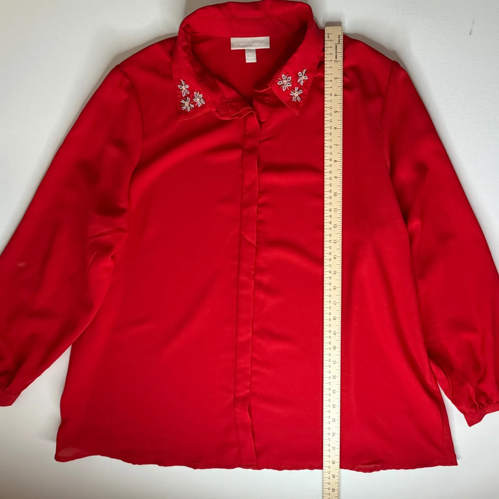 Woman Within Red Floral Embellished Beaded Button Front Shirt Size 18/20 - Image 11