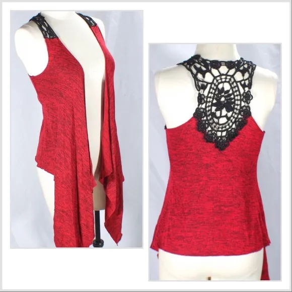Y2K Red Open Vest with Black Crochet Back Design Size Small - Image 2