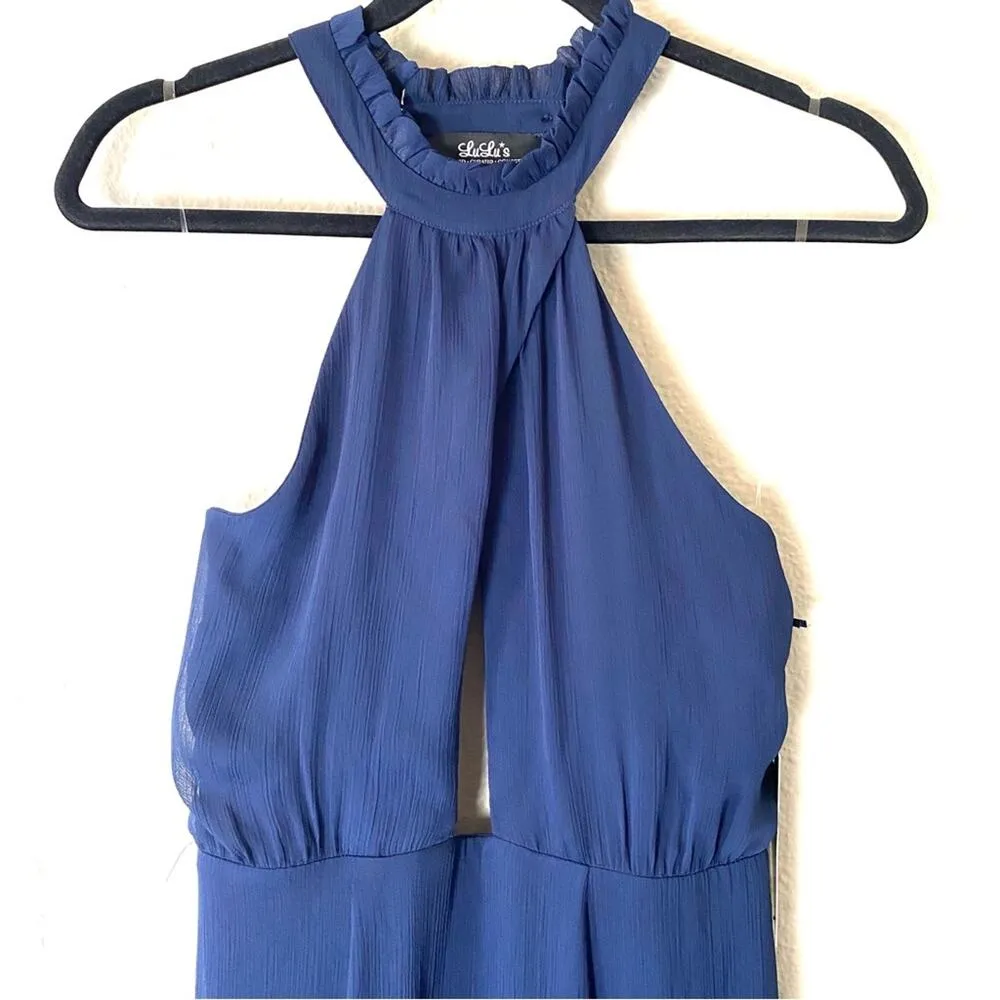 Lulus Navy Blue Halter Neck Deep V- Neck Maxi Dress Gown Size XS - Image 7