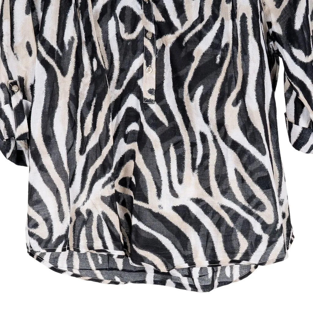 Westbound Zebra Print Shirt PL Petite L Sheer VNeck Black Cream Roll Tab Sleeve - Image 3
