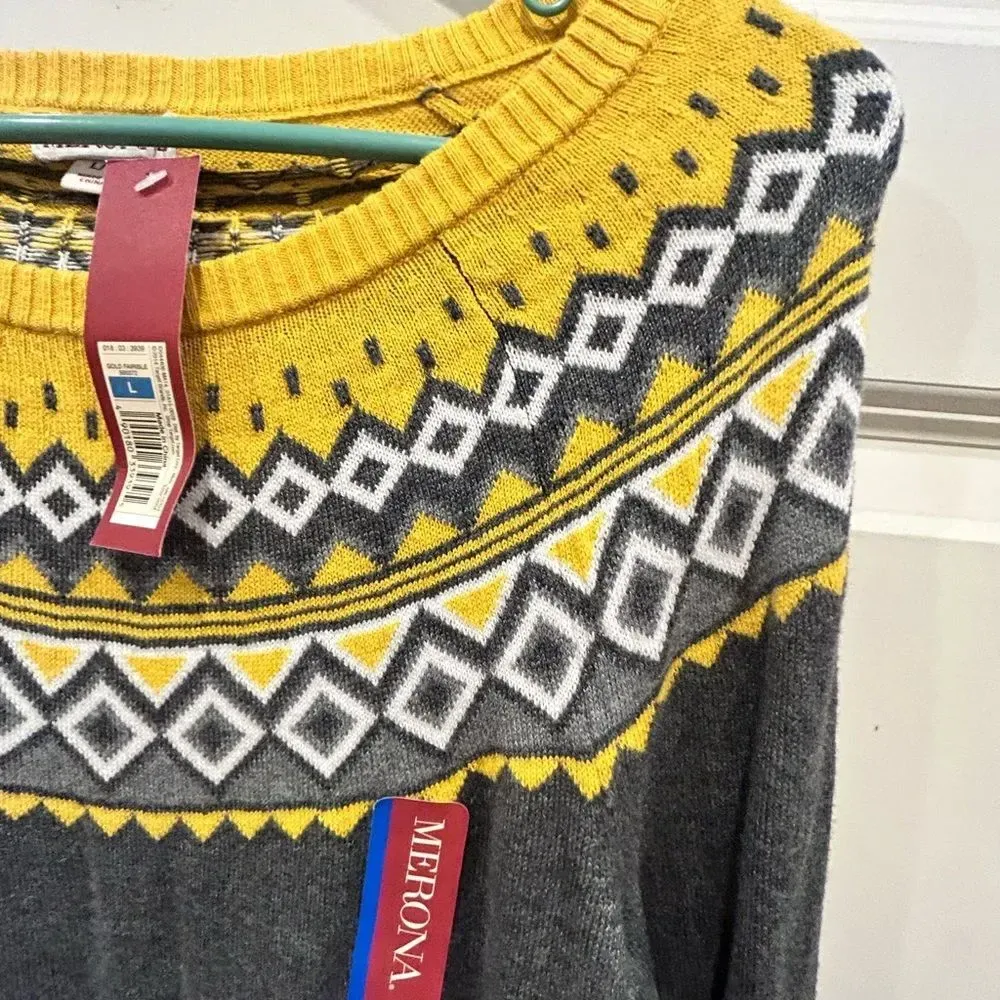 Merona Yellow and Gray Fair Isle‎ Yoke Sweater women’s size Large NWT - Image 5
