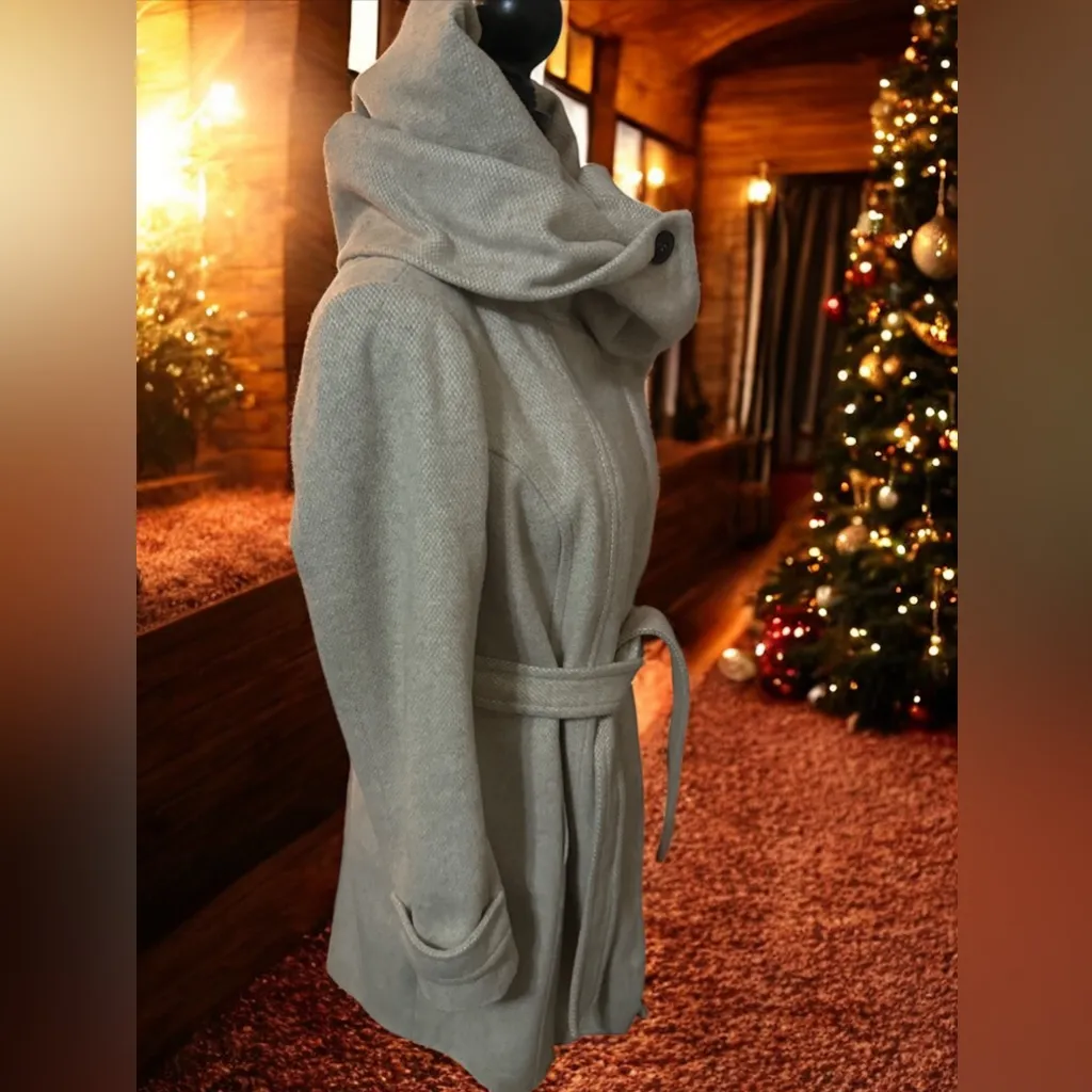 Zara Basic Herringbone Belted Coat Long Sleeve Wool Blend Vintage sz Large - Image 4