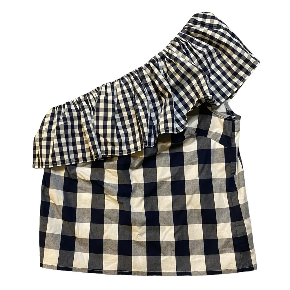 J. Crew White and Navy Gingham Ruffle One Shoulder Blouse - Image 5