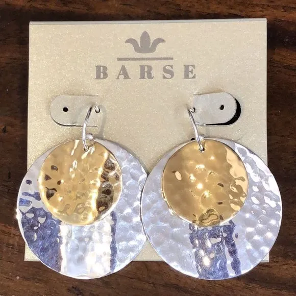 BARSE Two Tone Round Sterling Silver Brass Hammered Finish Earrings NWT - Image 1