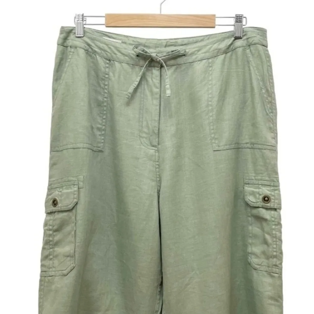 J. Peterman 100% Linen Celery Green Cropped Cargo Pants Size 14 Flowy Lagenlook - Image 4