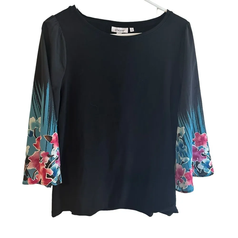 Chico's Floral Print 3/4 Sleeve Tee‎ 570341542 Size Medium  Drape Sleeves - Image 2