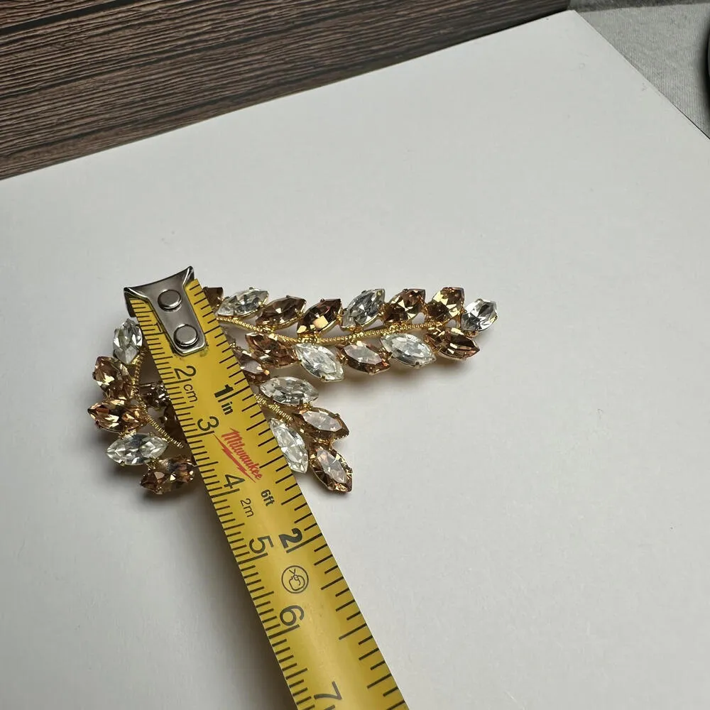 Made In Austria Brown & Clear Rhinestone Spray Gold Tone Brooch Pin Vintage - Image 3