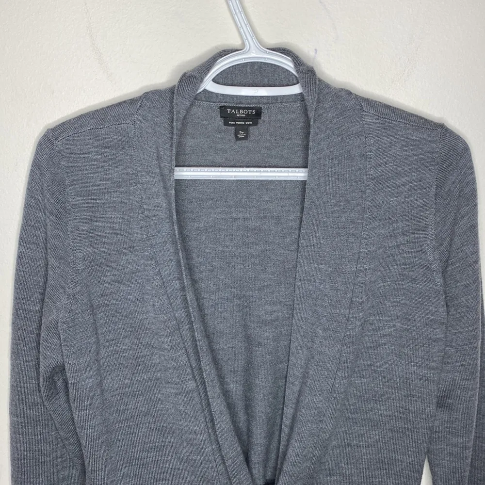 Talbots grey merino wool longline cardigan with velour front tie size Sp - Image 31