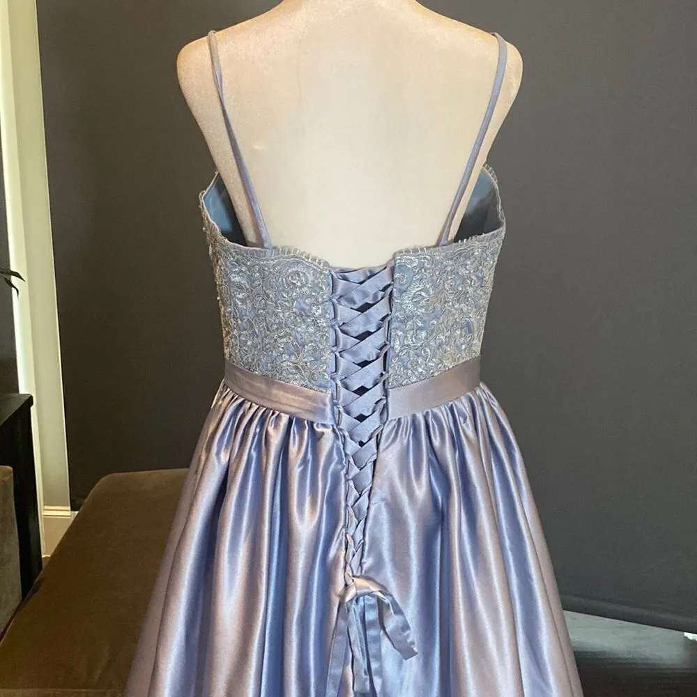 Women’s Full Length Lace Appliqué Satin Prom Party Dress with Leg Slit Size 12 Blue - Image 5