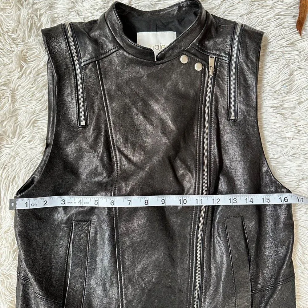 Maje Luxury Lambskin Leather Asymmetrical Zip Motorcycle Biker Vest Sz 1 - Small - Image 5