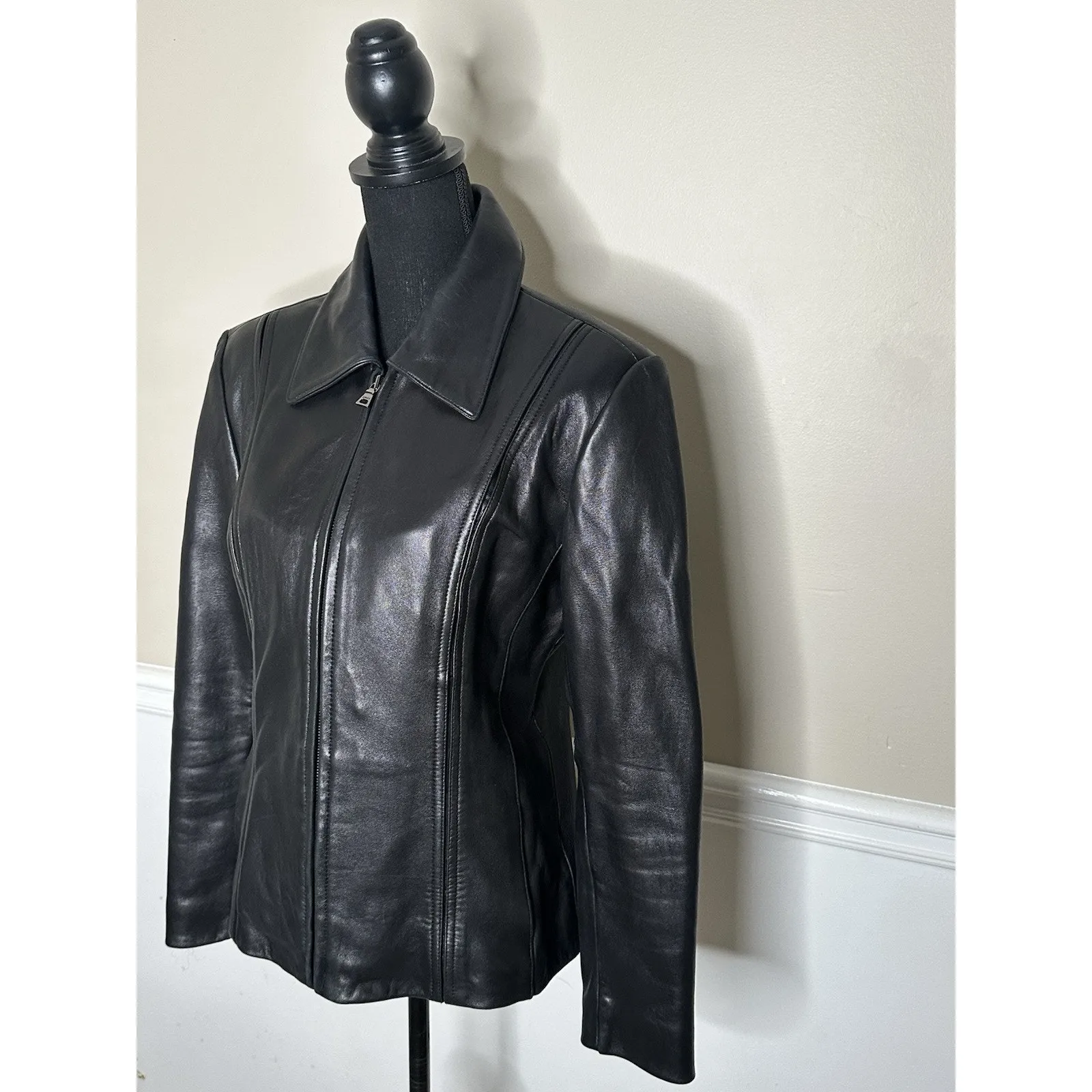 Jones New York Women’s Black Leather Coat Size Medium - Image 2
