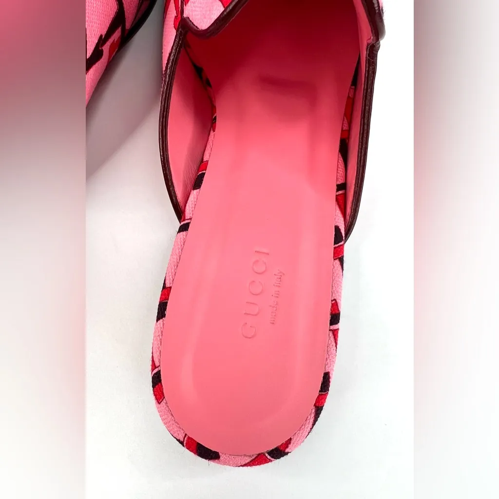 Gucci Princetown Horsebit Logo Print Pink Fabric Flat Loafer Mules Size EU 39 - Image 9