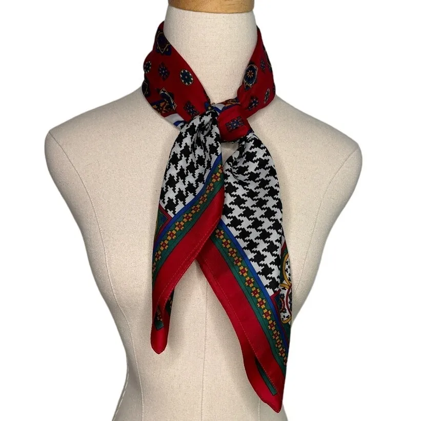 Vintage 1998 Avon Italian made houndstooth luxe print square scarf foulard 30” Red - Image 4