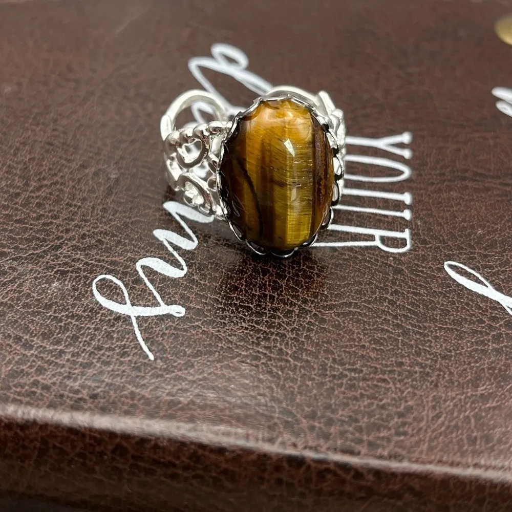 Vintage Brown Tiger Eye Gemstone Cabochon Ring Stainless Steel Adjustable - Image 5