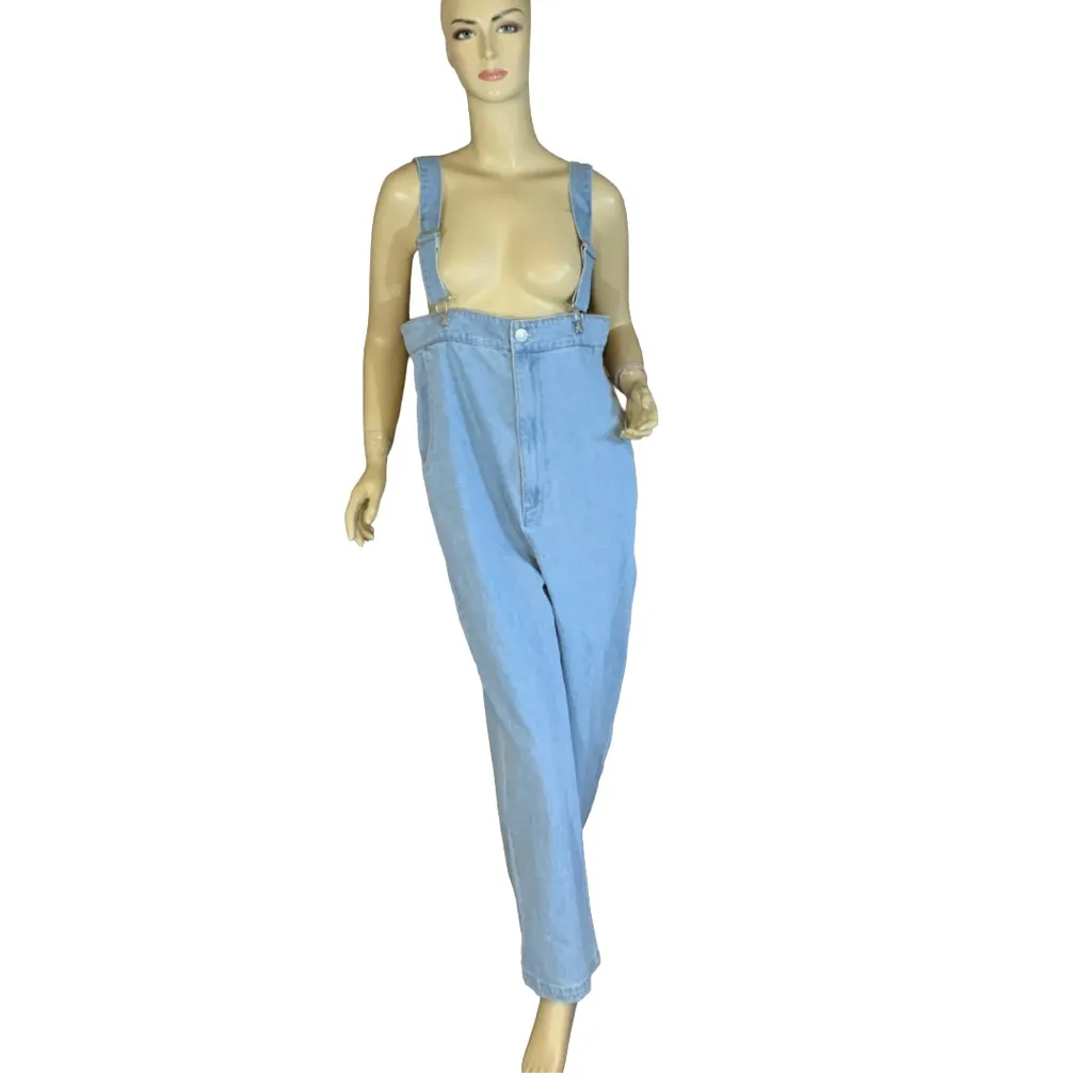 LINOLUCE LIGHT BLUE DENIM HIGH WAIST OVERALLS NWT (L) Size L - Image 3
