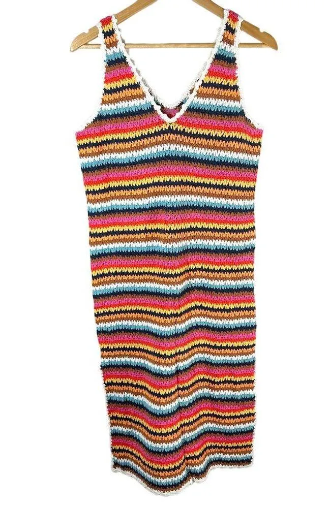 Marine Layer Viv Crochet Multi Stripe Casual Beach Midi Dress Boho Medium - Image 3