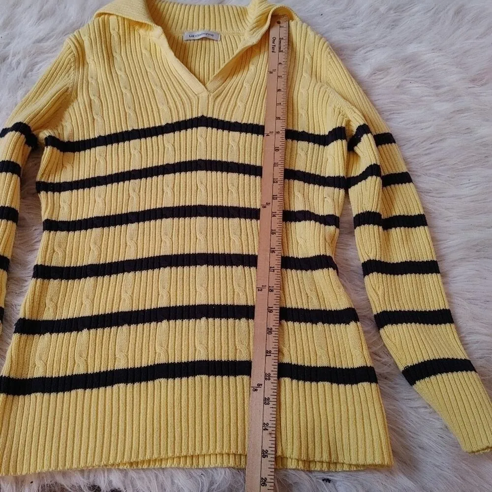 Liz Claiborne Yellow Black Striped Stripe Sweater Long Medium/Large Top Winter - Image 4