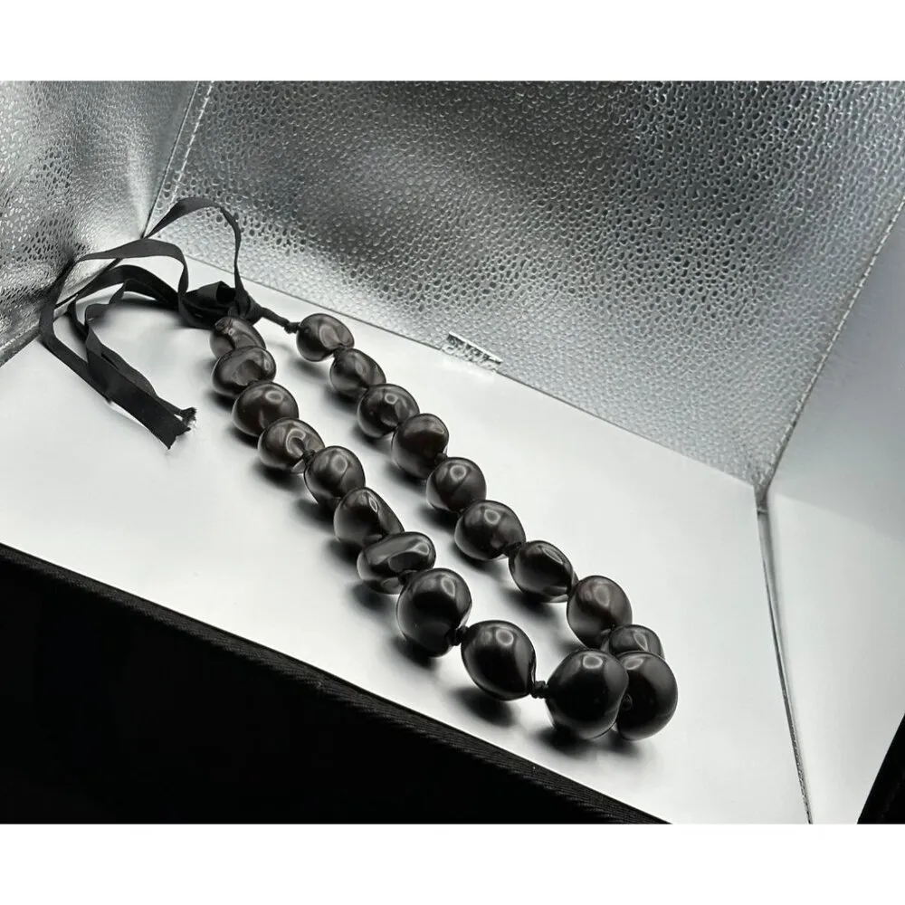 Black Beaded Large Kukui Nut Necklace Adjustable Ribbon Tie Vintage Lei Necklace - Image 2