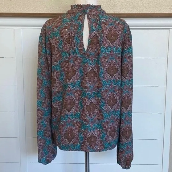 Joie Balloon Sleeve Mock Neck Pleated Bodice Keyhole Blouse Teal/Brown M - Image 4