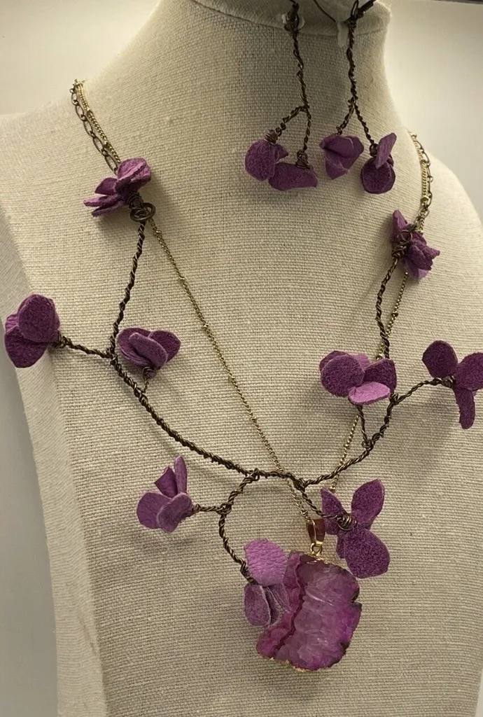 Vintage 3 Floral Wired Strand Purple Fuchsia Spacer Necklace W/ Paired Necklace - Image 4