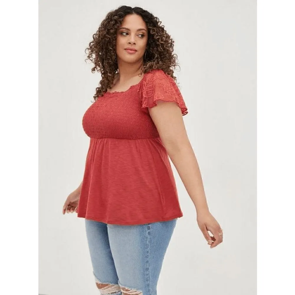 Torrid Smocked Lace Sleeve Babydoll Tank Blouse Cotton Burnt Orange Rust, 4X/26 - Image 6