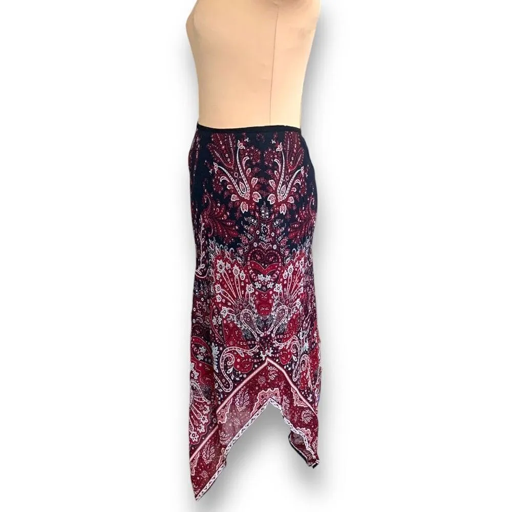 Vintage 90s Skirt Asymmetrical Burgundy Navy Blue Semi Sheer Boho Paisley Print Red Size M - Image 3