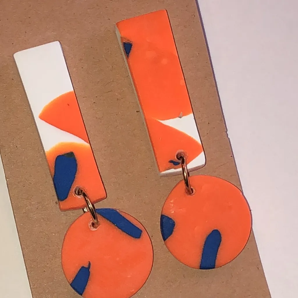 Orange and Blue Geometric Retro Boho Clay Earrings - Image 2