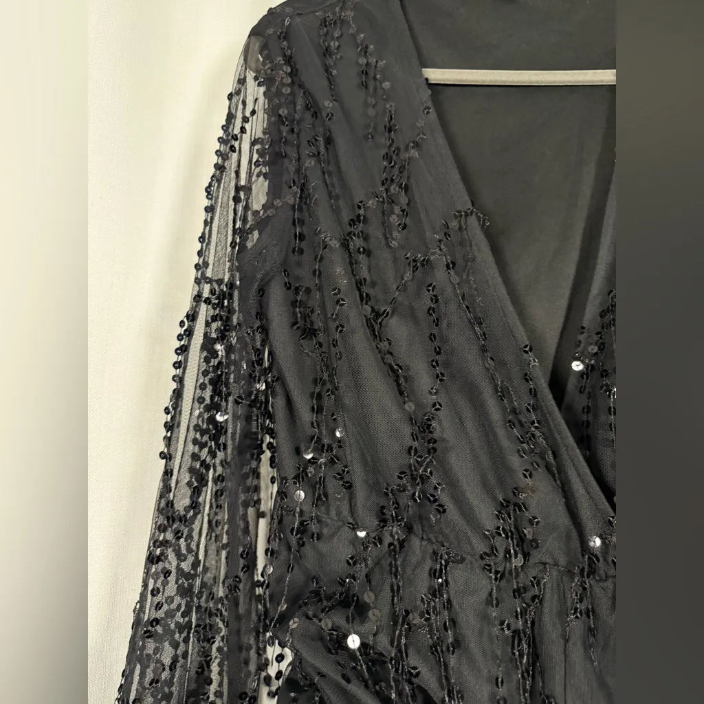 PrettyLittleThing Black Sequin Fringe Long Sleeve Playsuit Romper Size 10 - Image 9