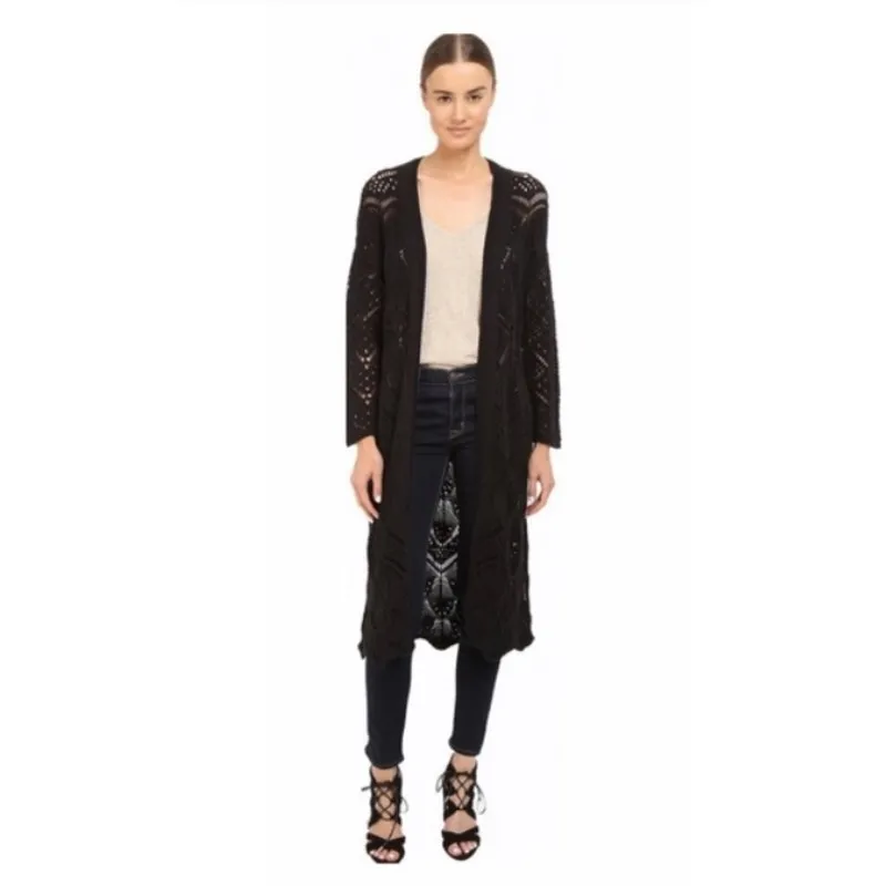 The Kooples Long Crochet Black Cardigan Open Front Sweater Womens XS - Image 13
