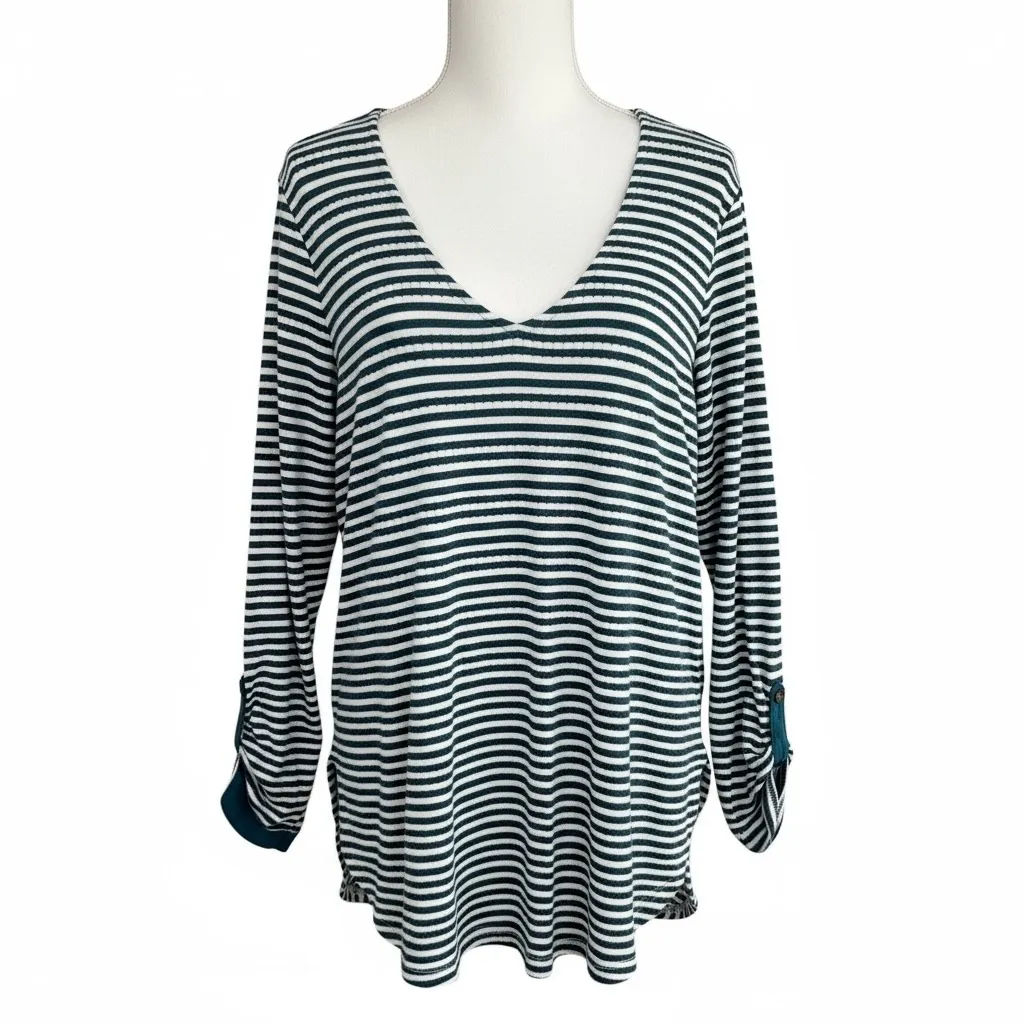 Anthropologie Akemia Kin Striped V-Neck Long Sleeve Tunic Top Green White - Image 2