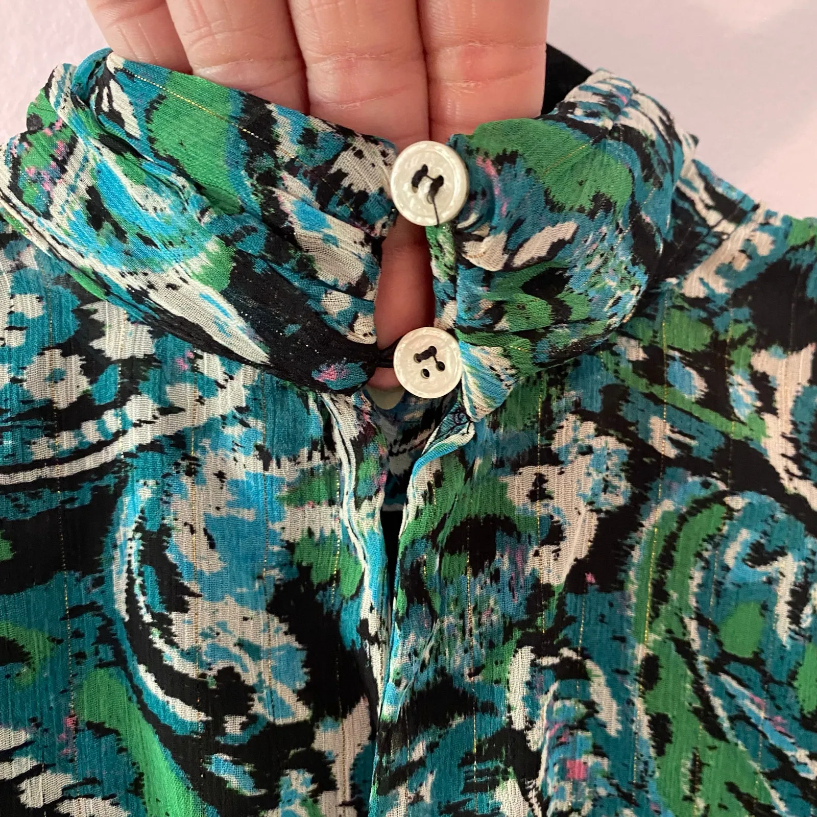 Zara Green Blue High Neck Flowy Blouse Cropped Lightweight Women's size Small - Image 8