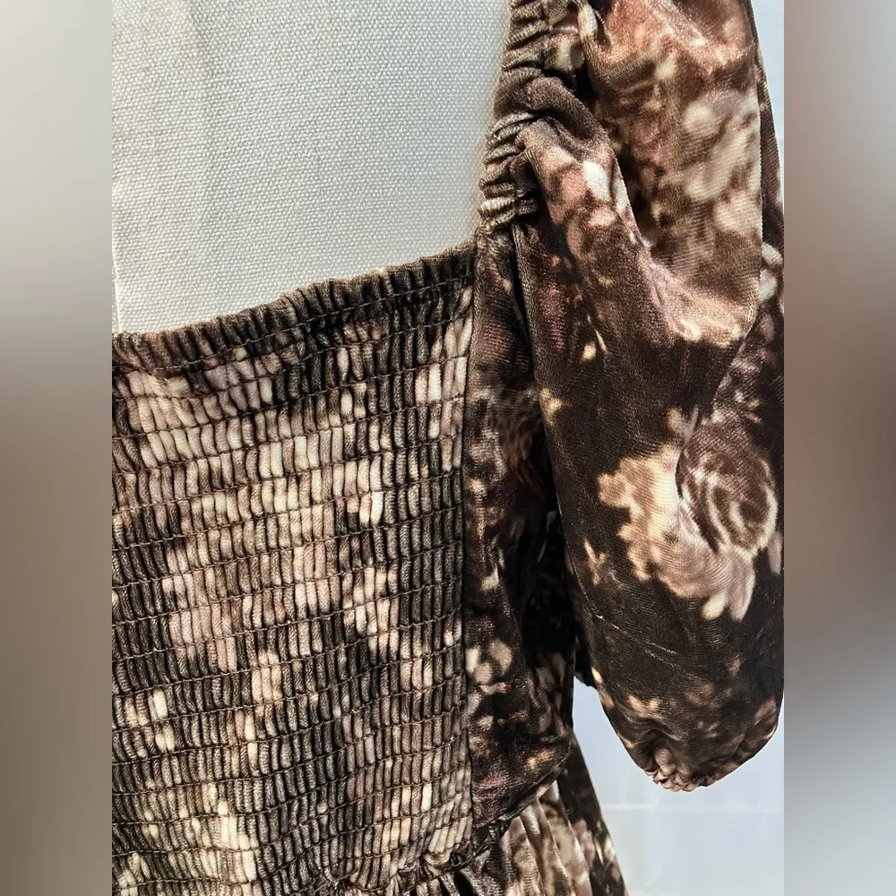 Altar’d State Breanna velvet mini milkmaid dress floral brown puff sleeve large - Image 3