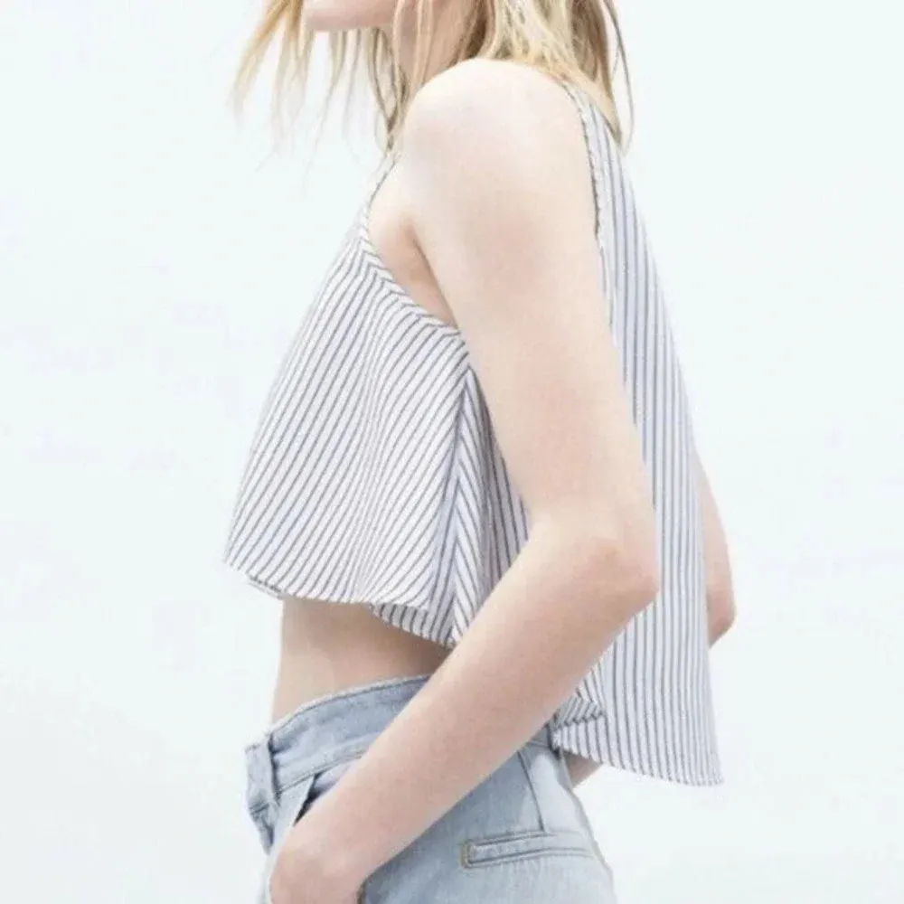ZARA BASIC Blue Striped Flowy Crop Top‎ Halter Neck Small - Image 2